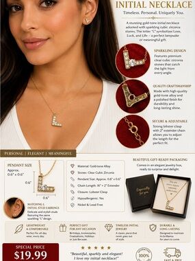Gold one Initial L Necklace - L Initial Necklace with Clear Cubic Zirconia